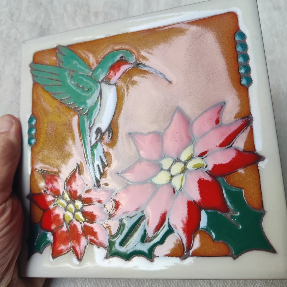 Hummingbird Poinsettia Ceramic Wall Art Tile Trivet Vintage Masterworks USA 6x6